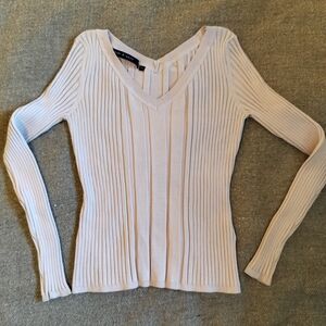 Marc D'alcy Cream Silk Blend Ribbed V-Neck  Sweater